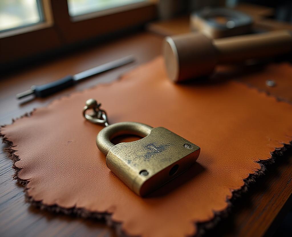 Close up of artisanal leather tools and a secure padlock