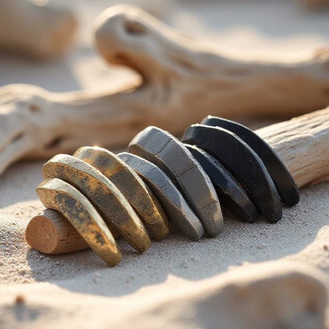 Artisan belt buckles displayed on weathered driftwood